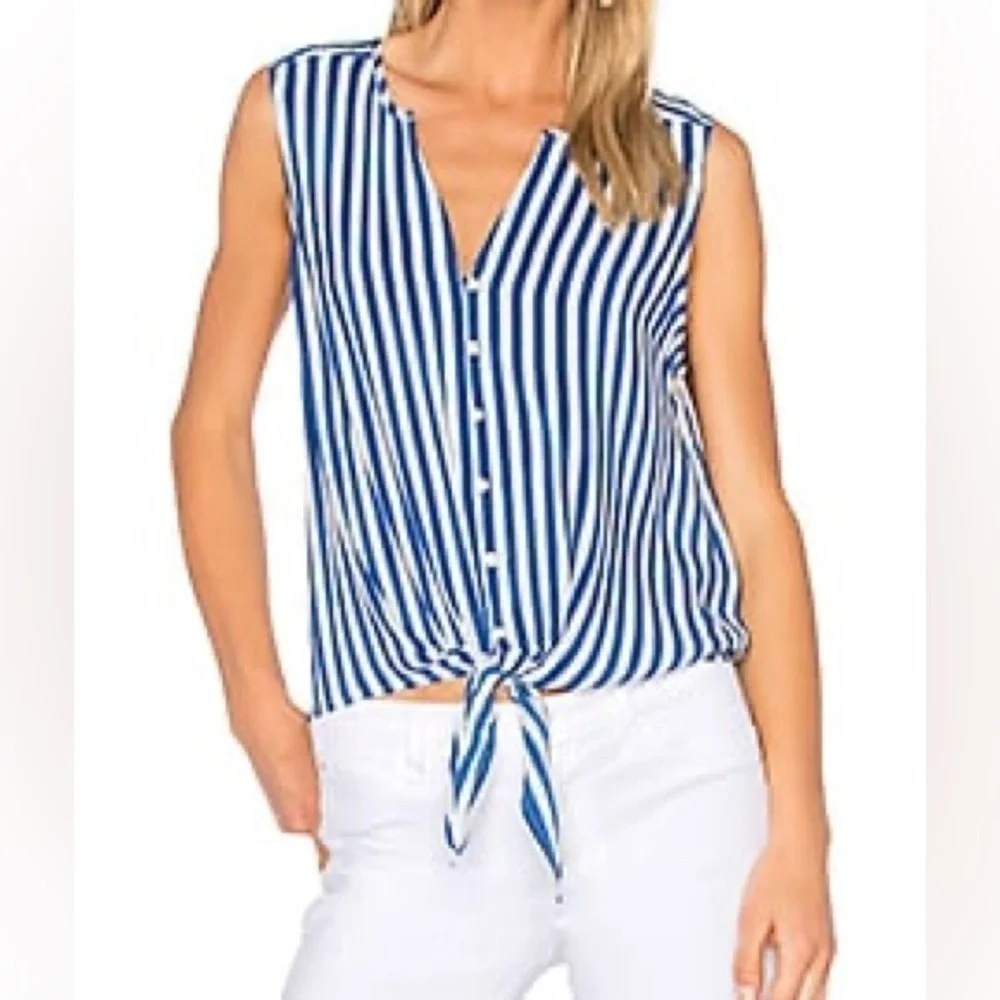 Joie Tyson Silk Tank Blue White Stripe Tie Front Size S
